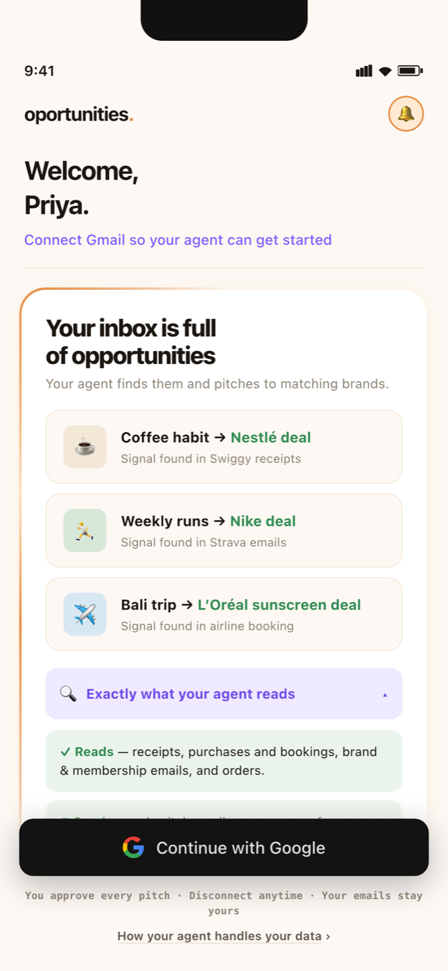 The connect screen, listing exactly what the agent reads, sends and never touches
