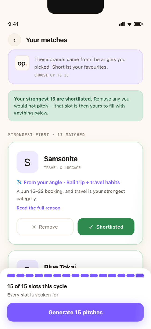 Brands matched to the confirmed moments and shortlisted